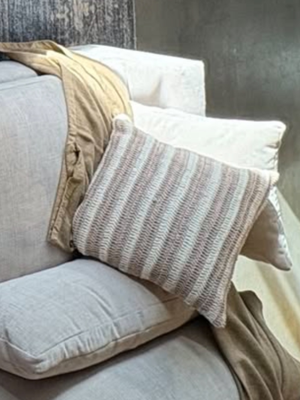 West Elm Beige and Cream Striped Linen Crochet Pillow Covers Set of 2  20x20